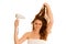 Beautiful young woman dries hair with a blow dryer