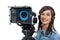 Beautiful young woman with DSLR video camera