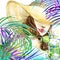 Beautiful young woman with fruit cocktail and tropical leaves background. Girl and beach cocktail party. cocktail party poster