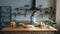 A beautiful young woman in a good mood is sorting vegetables from a bag and putting them on the kitchen table.Young