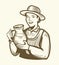 Beautiful young woman with jug of milk. Dairy farm sketch vintage vector