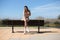 Beautiful young woman with long brown hair sitting on the back of the wooden bench on the promenade. In the background the