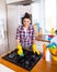 Beautiful young woman makes cleaning the house. Girl cleaning kitchen. Set.