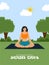 Beautiful Young Woman Meditating in Lotus Pose on Mat and Sunny Nature Background for International Yoga Day