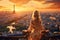 Beautiful young woman in a Parisian balcony with view to the Eiffel tower in Paris, France. AI Generative