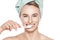 Beautiful young woman with perfect smile brushing her teeth over white background studio shot.. Brushing teeth.