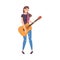 Beautiful Young Woman Playing Acoustic Guitar, Girl Musician Playing Strings at Musical Performance Cartoon Style Vector