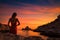 Beautiful young woman in red dress looking at sunset over the sea, Epic red sunset in Cala Llentrisca with model , Ibiza, AI