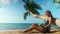 Beautiful young woman relax on tropical beach under palm tree with coconut drink