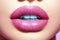 Beautiful young woman\\\'s lips closeup, pastel pink colour. Glance Fashion art, art design