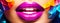 Beautiful young woman's lips closeup, purple color. Glance Fashion art, art design. Trendy concept of cosmetic