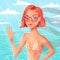 Beautiful young woman with short red hair, sunglasses and in bathing suit waving in front of ocean and clear blue sky.