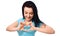 Beautiful young woman showing heart symbol gesture