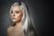 Beautiful young woman with silver hair.Sad girl.healthy hair.Beauty salon