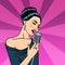 Beautiful Young Woman Singing with Microphone. Pop Art.