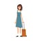 Beautiful Young Woman Standing with Suitcase on Wheels, Girl Traveling on Vacation Vector Illustration