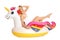 Beautiful young woman in stylish bikini with  unicorn inflatable ring on white