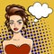 Beautiful young woman with a thought bubble in cartoon style. Pop art style. Vector illustration on a dot background