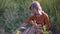 Beautiful young woman walks in the field collects a bouquet of flowers and spikelets. Portrait of attractive female on grass at su