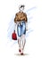 Beautiful young women in a beige blouse and blue breeches with a red handbag. Hand drawn fashion girl. Fashion model posing.