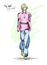 Beautiful young women in a pink blouse and blue trousers. Hand drawn fashion girl. Fashion model posing.