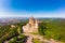 Beautifull aerial panoramic view to the famous from the drone Basilica of Superga in sunny summer day. The cathedral
