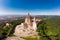 Beautifull aerial panoramic view to the famous from the drone Basilica of Superga in sunny summer day. The cathedral church