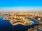 Beautifull aerial view of the Petropavlovsky fortress in sunny spring day. Golden tall spire of famous Peter and Paul