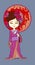 Beautifull japanese girl stand in kimono. Young Geisha with red umbrella hanami sakura blossom old burgundy kimono makeup maiko