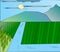 beautifull landscape from a village with a natural green rice fields and clean blue irrigation water. illustration image.