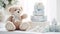 a beautifully arranged stack of baby diapers on a table, accompanied by an adorable toy teddy bear. The scene is set