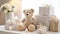 a beautifully arranged stack of baby diapers on a table, accompanied by an adorable toy teddy bear. The scene is set