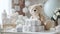 a beautifully arranged stack of baby diapers on a table, accompanied by an adorable toy teddy bear. The scene is set