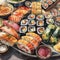 A beautifully arranged sushi platter in a watercolor painting that showcases the artistry and elegance of Japanese cuisine