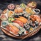 A beautifully arranged sushi platter in a watercolor painting that showcases the artistry and elegance of Japanese cuisine