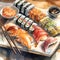 A beautifully arranged sushi platter in a watercolor painting that showcases the artistry and elegance of Japanese cuisine