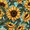 Beautifully balanced seamless pattern with vibrant sunflowers in different sizes and colors