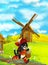Beautifully colored scene with cartoon character - cat traveler running somewhere - windmill in the background