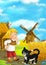 Beautifully colored scene with cartoon character - man standing and talking to cat- windmill in the background