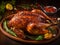 A beautifully cooked, golden - brown roasted chicken takes center stage on a rustic wooden table.Generative AI