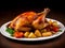 A beautifully cooked, golden - brown roasted chicken takes center stage on a rustic wooden table.Generative AI