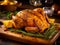 A beautifully cooked, golden - brown roasted chicken takes center stage on a rustic wooden table.Generative AI