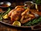 A beautifully cooked, golden - brown roasted chicken takes center stage on a rustic wooden table.Generative AI