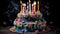 A beautifully decorated birthday cake with colorful candles ablaze