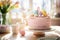 Beautifully decorated Easter cake with white frosting and pastel colored sugar eggs. Easter celebration with family at home.