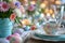 Beautifully decorated Easter dinner table with colorful flowers, pastel crockery and dyed eggs. Indoor Easter celebration party
