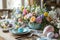 Beautifully decorated Easter dinner table with colorful flowers, pastel crockery and dyed eggs. Indoor Easter celebration party