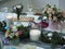 Beautifully decorated festive table with bouquets of flowers, burning candles and champagne