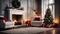 A beautifully decorated living room with a litfireplace, Chrismas