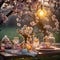 beautifully decorated outdoor table in low evening light set with plates, glasses, and flowers for a easter picnic